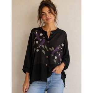 Vintage Deborah Murphy Embroidered Button Down Blouse Art Deco Whimsy Eclectic